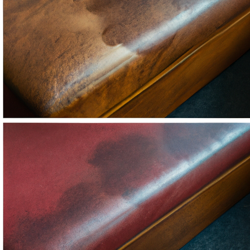 A side by side photo comparison showing the damage caused by incorrect cleaning products on a piece of furniture.