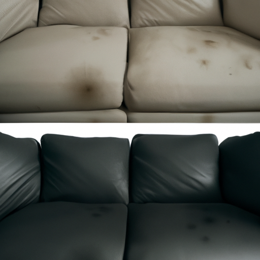 A before and after comparison image of a cleaned and uncleaned sofa.