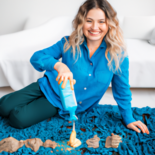 A photo of a smiling woman using a homemade carpet cleaning solution.