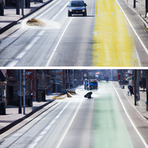 An image showing a busy city street before and after a thorough cleaning process