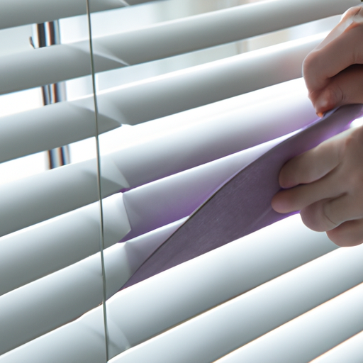 A person carefully cleaning a set of blinds, demonstrating the proper technique for maintaining their appearance and functionality.