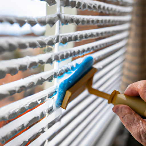 A person gently scrubbing fabric window treatments with a soft brush, using a homemade cleaning solution.