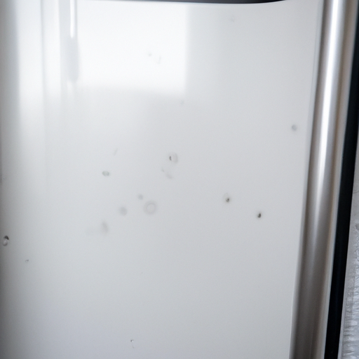 A stainless steel refrigerator covered in smudges and fingerprints