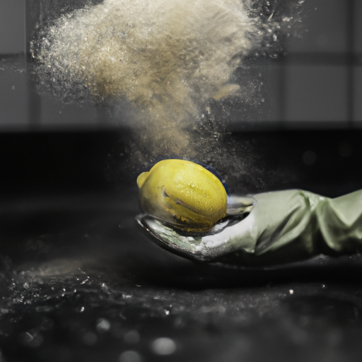 A photo demonstrating the cleaning power of a lemon when used on a dirty kitchen countertop