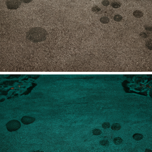 A photo comparison of a worn-out carpet and a professionally cleaned carpet