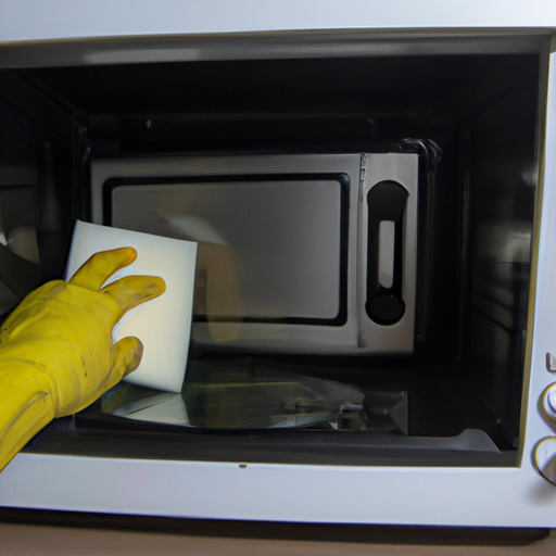 A step-by-step photo guide on cleaning a microwave with a sponge and vinegar