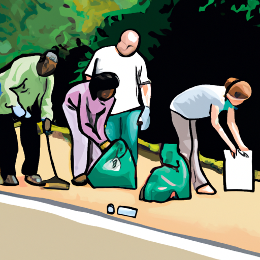 An illustration portraying a group of volunteers picking up litter along a road.