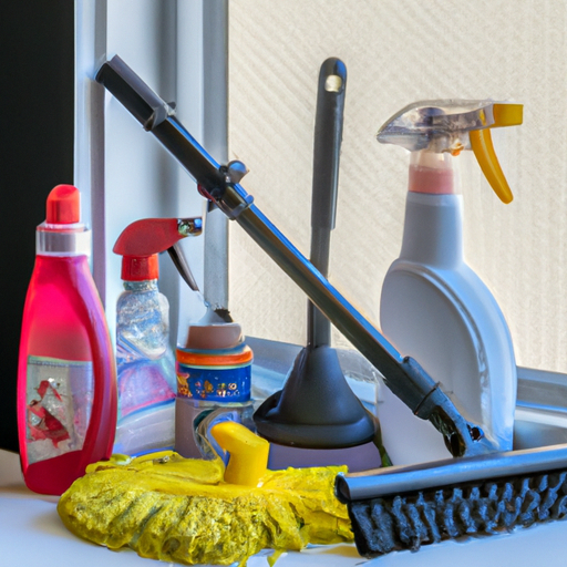 A display of essential cleaning tools and equipment for various window treatments
