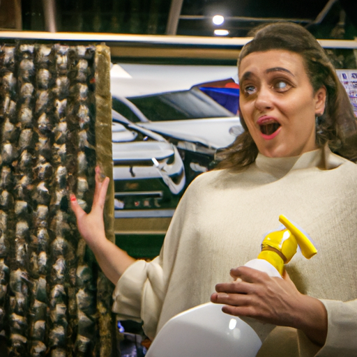 An image of a woman looking surprised at a high-priced carpet cleaning product in a store.