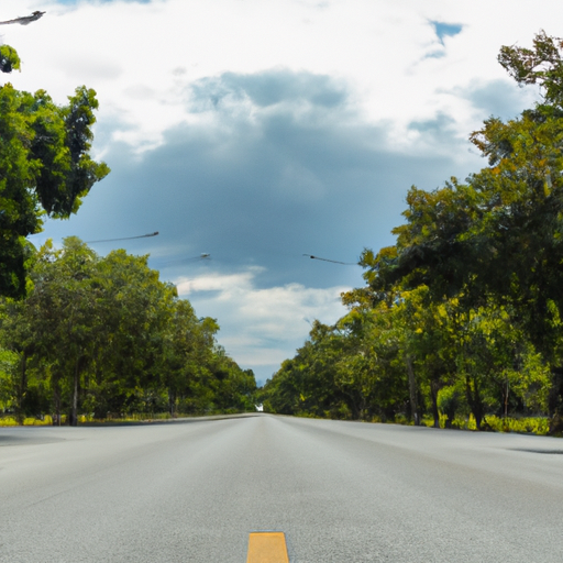 A photo depicting a clean, well-maintained road with lush green trees on the sides, emphasizing the relationship between cleanliness and environmental health