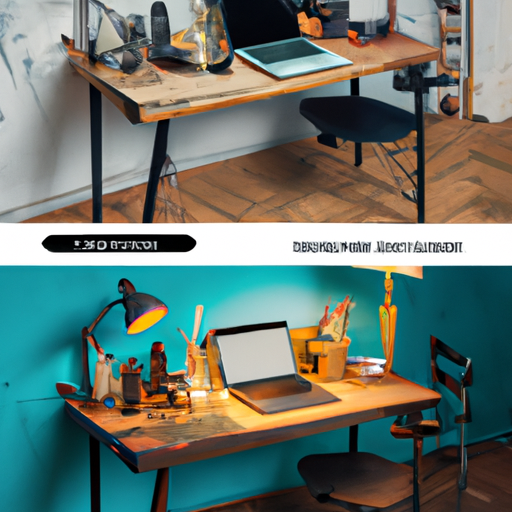 3. A before-and-after photo showing the transformation of a cluttered desk into an organized workspace