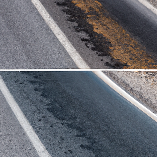 A side by side image comparison of a road before and after a comprehensive cleaning