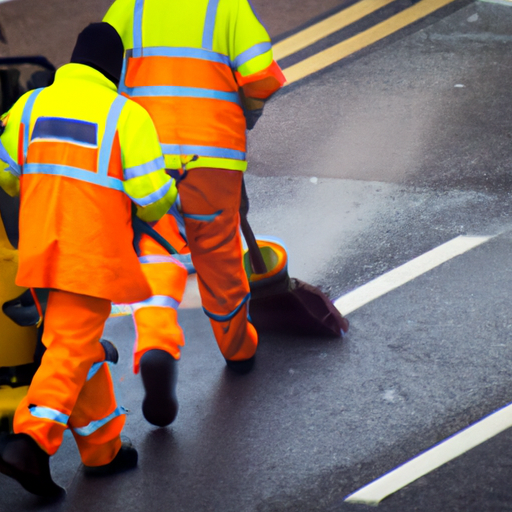 An image depicting a busy road cleaning operation with workers wearing high-visibility clothing