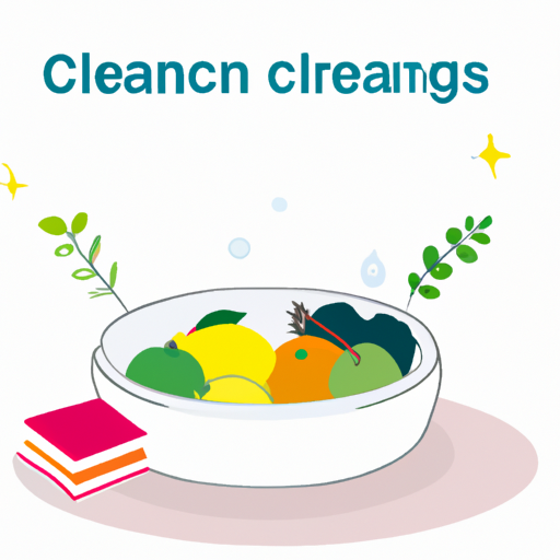 Illustration of various natural cleaning solutions placed next to a bowl of fresh fruits.