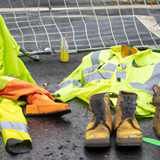 Photo of various safety equipment used in road cleaning operations including helmets, high-visibility vests, and protective footwear