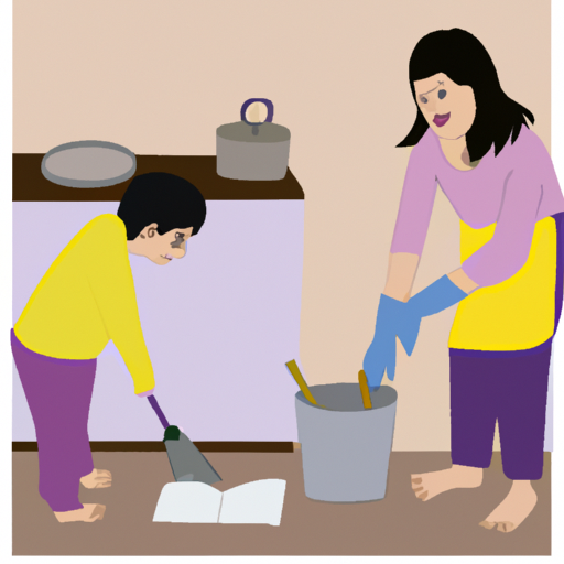 An illustration of a mother teaching her child to clean up after cooking, fostering good cleaning habits.