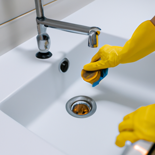 A person vigorously scrubbing the sink using a scrub brush and cleaning solution