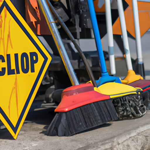 1. A photo showing a set of road cleaning tools with labels indicating their usage.