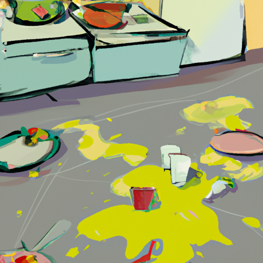 An image showing a dirty kitchen floor with food spills and stains