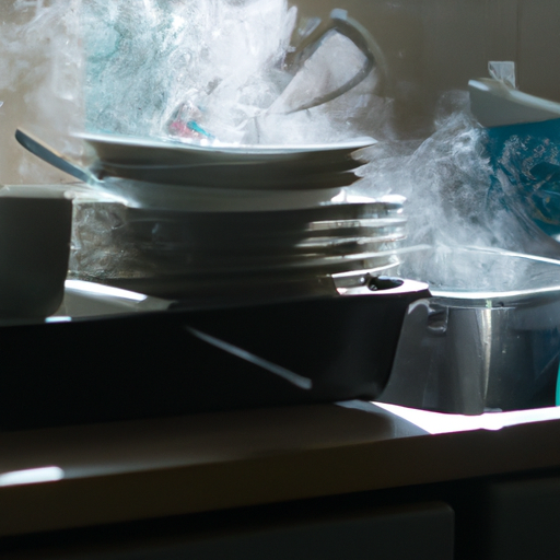 A kitchen filled with smoke and a pile of dishes in the sink