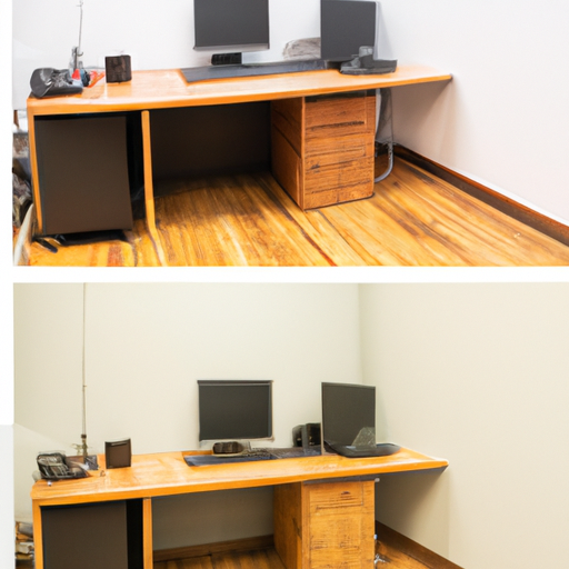 תמונות לפני ואחרי של חלל משרדי, המציגות את השינוי לאחר הארגון