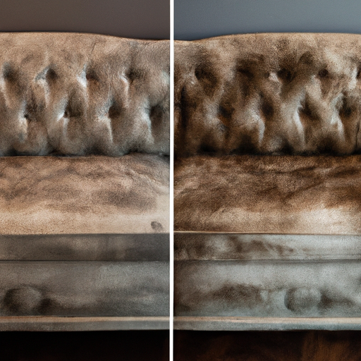 An image showing a noticeably worn-out and discolored couch before and after cleaning
