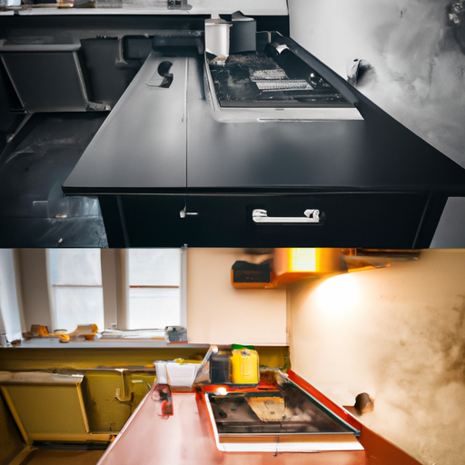 A before and after photo of a dirty and clean kitchen