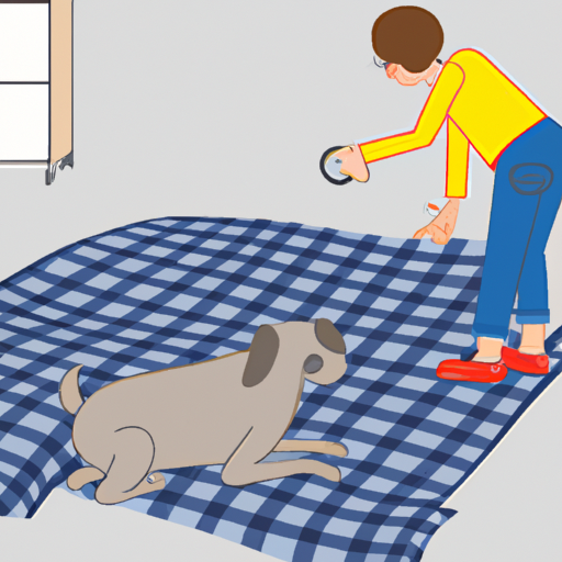 An illustration of a pet owner implementing preventive measures to avoid carpet stains and odors.