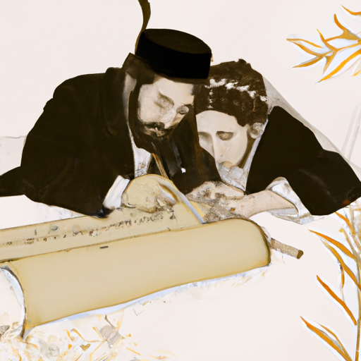 A vintage illustration of a couple signing a traditional Ketubah.